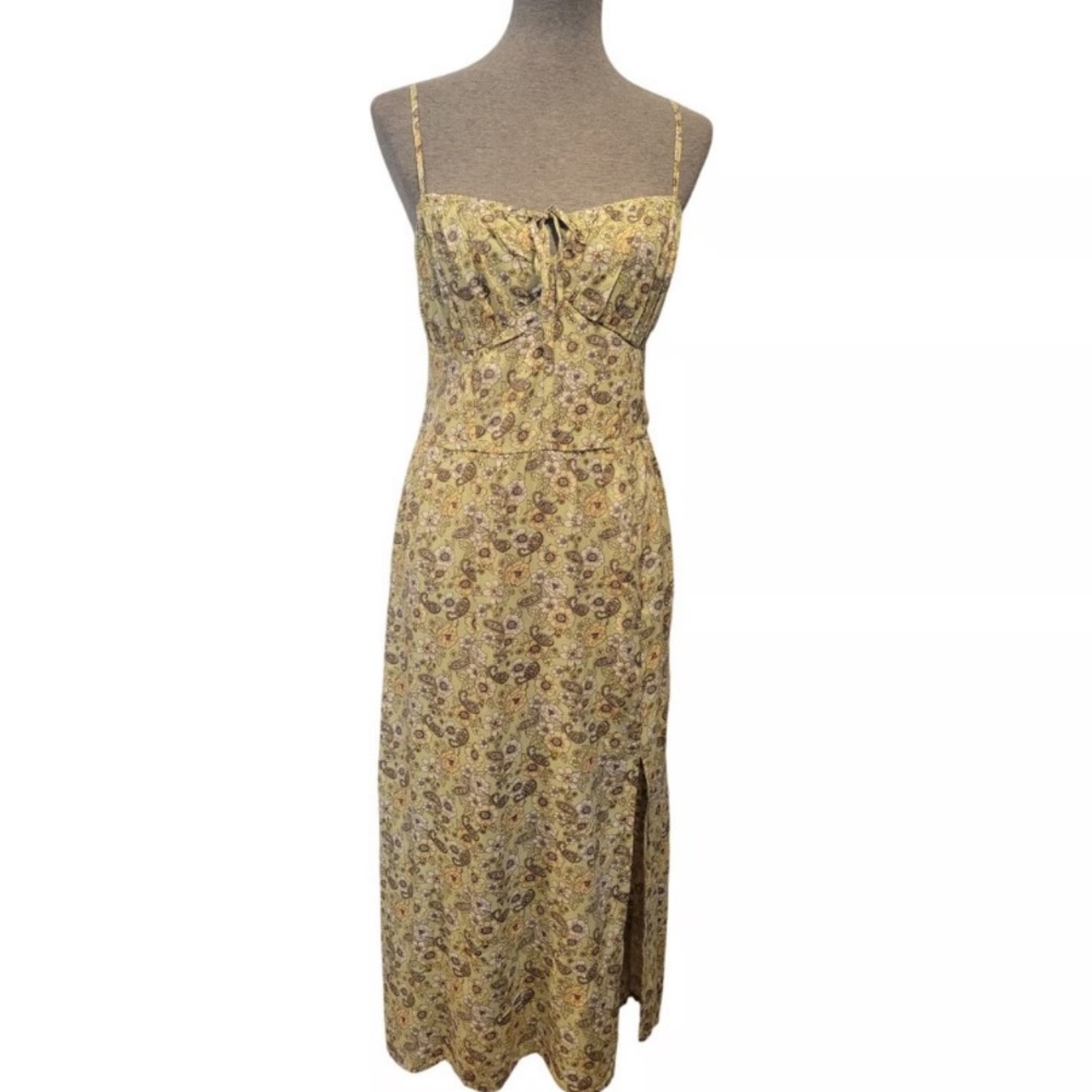 Green Floral Midi Slip Dress with Spaghetti Straps Cottagecore